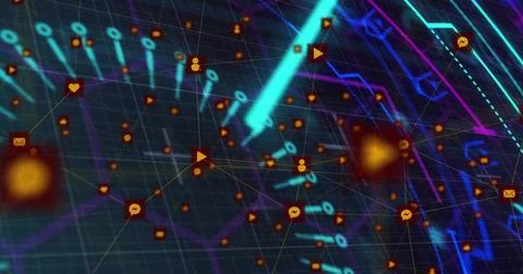 Pulsing central cluster of linked orange icon-marked hubs glowing on grid plane, Stock Photos