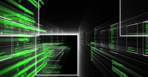 Pulsing central code window panel in virtual 3D corridor, with green programm Stock Illustration