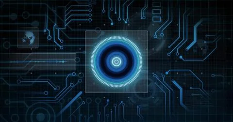 Pulsing central concentric HUD element floating on dark grid, with globe, 스톡 일러스트
