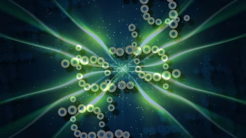 Pulsing central core emitting green ribbon beams and spiraling ring chains, Stock Footage 328583971