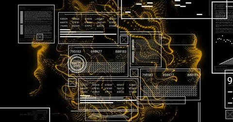 Pulsing central data cluster showing white-outlined UI windows in virtual pan Stock Illustration
