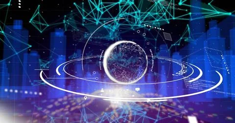 Pulsing central data core emitting analytics in holographic dashboard, showing Stock Photos