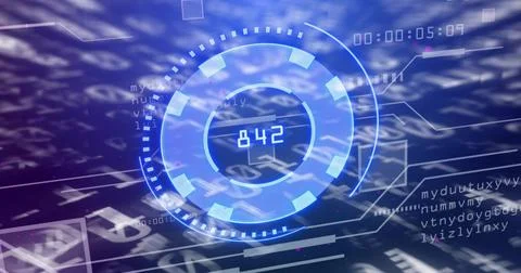 Pulsing central data gauge displaying 842 in virtual dashboard, showing Stock Illustration