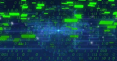 Pulsing central data hub with neon-green binary digits flowing in cyberspace, イラスト素材