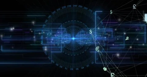 Pulsing central data hub radiating radial numeric dials in virtual cyberspace, Stock Illustration