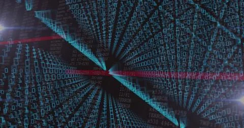 Pulsing central digital vortex forming deep data tunnel, with teal binary, red 库存照片