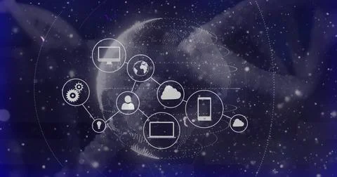 Pulsing central dotted globe and network nodes showing device icons with linked Stock Illustration