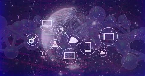 Pulsing central dotted globe linking nodes in virtual digital space with cloud, Illustrazione stock