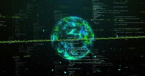 Pulsing central geodesic sphere showing neon wireframe and floating code columns Ilustración de archivo