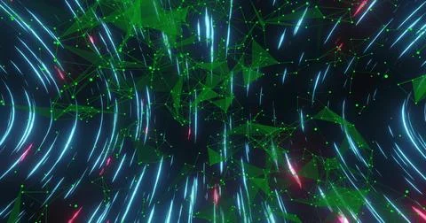 Pulsing central green triangular mesh network glowing in cybernetic void with Stock Illustration
