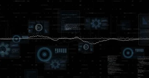 Pulsing central horizontal dotted waveform linking translucent data panels and Foto stock