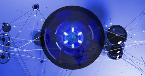 Pulsing central hub emitting blue light in digital art, with nodes, discs, Stock Illustration