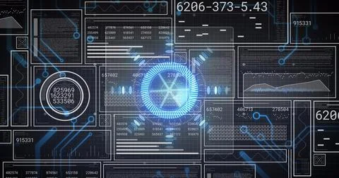 Pulsing central HUD element glowing on virtual control dashboard, showing left Stock Illustration