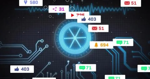 Pulsing central HUD linking notifications with numeric counts and cyan circuit Stock Illustration