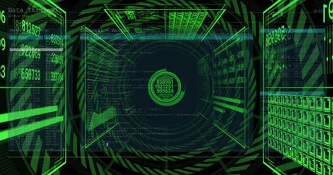 Pulsing central HUD projecting concentric rings and readouts in neon data Stock Illustration