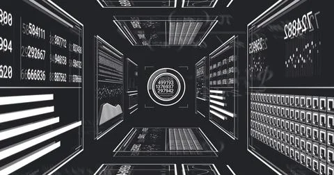 Pulsing central HUD target rotating in data tunnel with floating panels, showing Stock Illustration