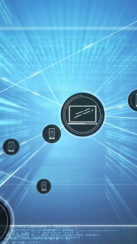 Pulsing central laptop node sending glowing lines across code plane, linking Stock Footage 331168701