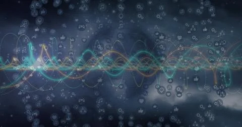 Pulsing central multicolor waveform flowing across dark nebula data space, Stock Illustration