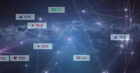 Pulsing central network node and notification badges hovering over cloud laye Stock Illustration