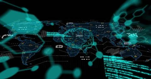 Pulsing central neural overlay floating above holographic map in virtual Stock Illustration