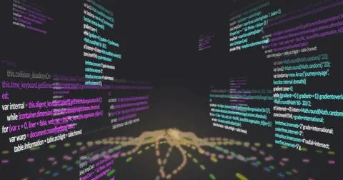 Pulsing central node and converging dotted trails filling virtual room, with 스톡 일러스트