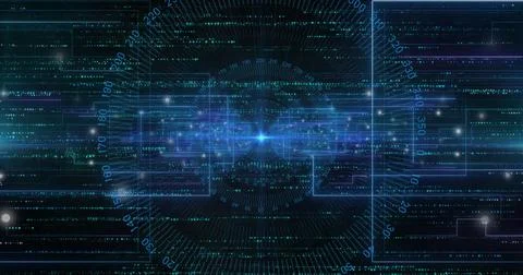 Pulsing central node and horizontal data beam drawing focus in virtual HUD, with 스톡 사진