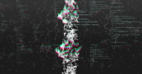 Pulsing central node column emitting RGB chromatic-fringe in cybernetic space, Stock Photos