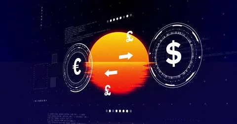Pulsing central orange orb animating in digital finance HUD, showing currency Stock Illustration