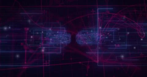 Pulsing central paired clusters floating in HUD with wireframe panels, points Stock Illustration