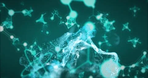 Pulsing central particle cloud forming node network in digital scene, with Stock Illustration
