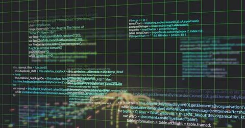 Pulsing central programming text cluster floating in virtual interface, with  스톡 일러스트