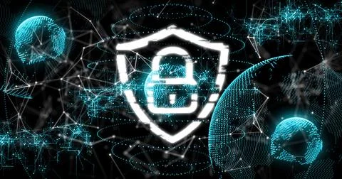 Pulsing central shield with lock icon glowing and glitching in virtual network, Illustrazione stock