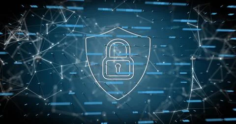 Pulsing central shield outline with padlock icon securing abstract cyberspace, 스톡 일러스트
