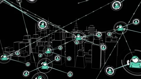 Pulsing central teal avatar sending lines and creating tech web over wireframe Stock Footage 332468977