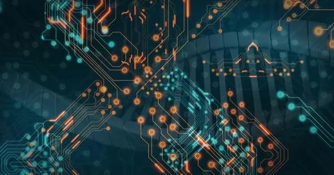 Pulsing circuit network forming layers on digital map with orange cyan traces, Foto stock