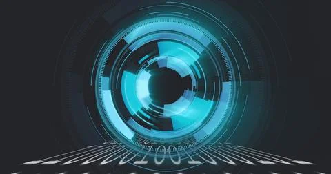 Pulsing circular digital interface projecting binary code stream on virtual 写真素材