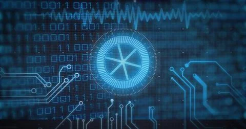 Pulsing circular HUD element sending data in virtual dashboard showing binary Stock Illustration