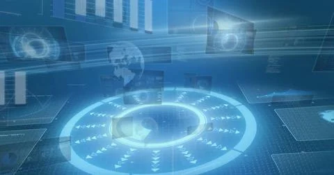 Pulsing circular HUD showing concentric rings and arrows in virtual dashboard Illustrazione stock