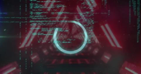 Pulsing circular loading ring hovering in red neon bar tunnel with floating Stock-Fotos