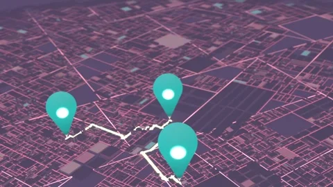 Pulsing circular network highlight revealing teal map markers on neon urban Stock Footage 345726100