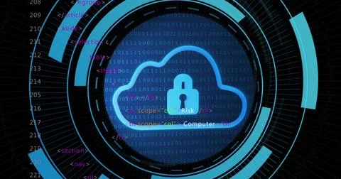 Pulsing cloud icon glowing over circular security HUD at control panel, with Stock Photos