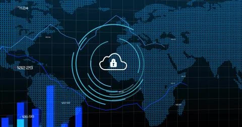 Pulsing cloud padlock icon responding to incoming data stream on digital 스톡 일러스트