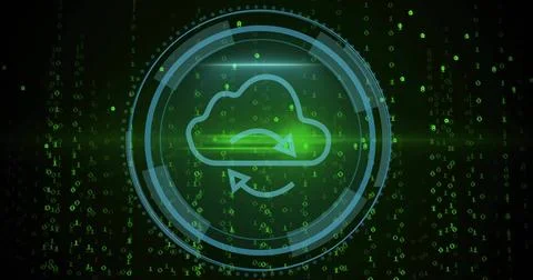 Pulsing cloud sync icon within rings in interface, emitting radial green glow 스톡 일러스트