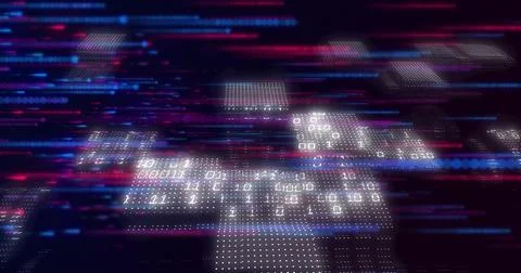Pulsing cluster of binary-digit panels floating in digital plane, with neon Illustrazione stock