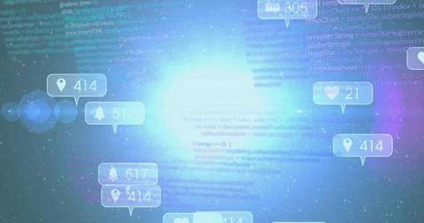 Pulsing cluster of clear badges with counters orbiting bright core in virtual イラスト素材