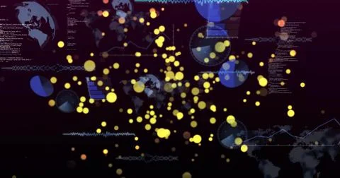 Pulsing cluster of glowing yellow dots radiating across HUD, with blue charts Illustration