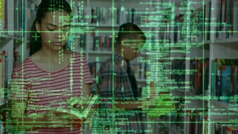 Pulsing code overlay revealing library, girl flipping red book, boy browsing Stock Footage 320287908