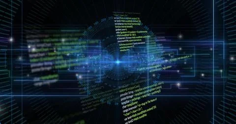 Pulsing code sphere hovering in cyberspace, with UI panels, radial grid lines Stock Illustration