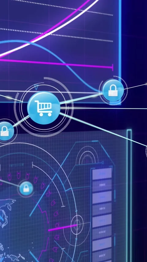 Pulsing commerce node expanding, sending connector lines across HUD with cart Stock-Footage 331168714