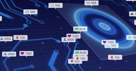 Pulsing concentric hub glowing over blue grid, linking neon traces, badges, Stock Illustration